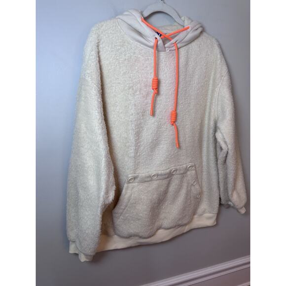 SJYP Unisex Sherpa Fleece Hoodie Ivory + Orange Hoodie Sweatshirt - Sz L - Picture 2 of 14